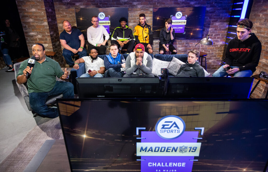 The EA Players’ Lounge features monitors to allow them to watch their fellow competitors in action.