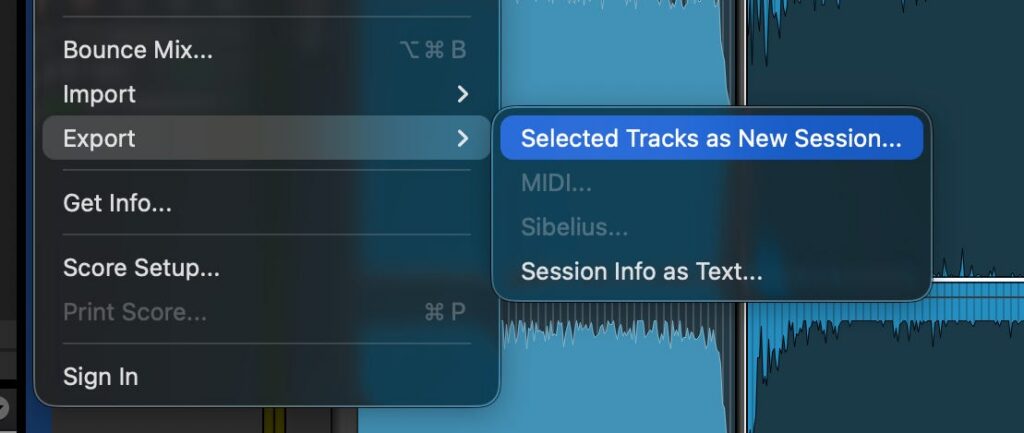 export tracks into a new session