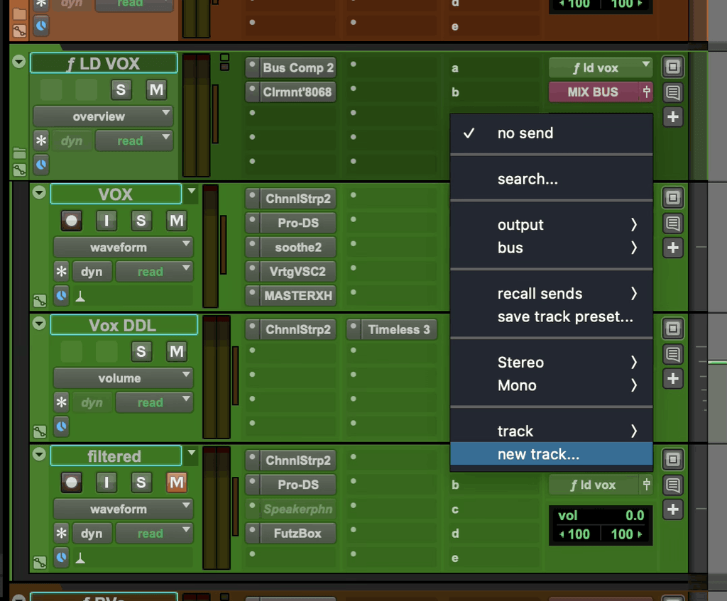 Creating an aux send and return using the New Track option in Pro Tools