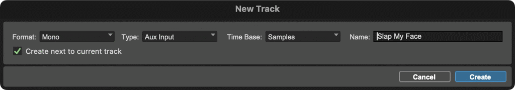 Pro Tools New Track dialog creating a mono aux input return track