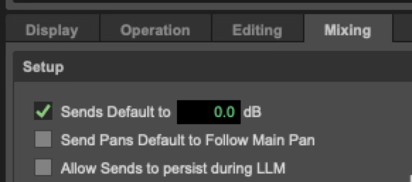 Pro Tools setting for default aux send level at 0 dB