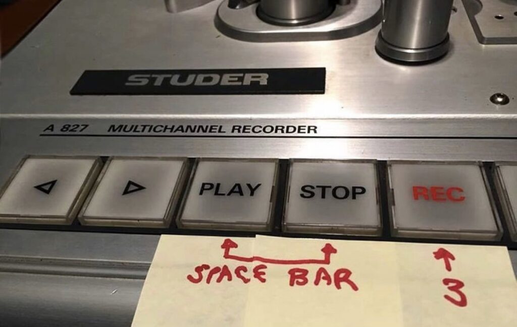 Studer A827 tape machine transport labelled with Pro Tools keyboard shortcuts