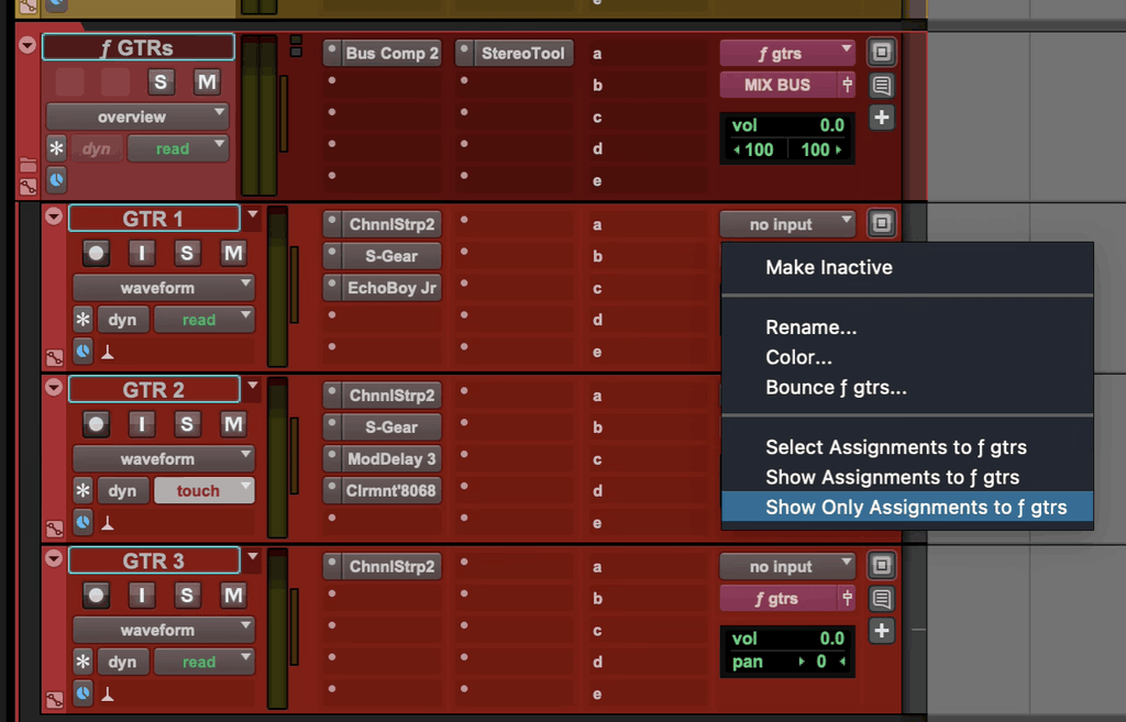 Pro Tools Show Only Assignments command for troubleshooting bus routing