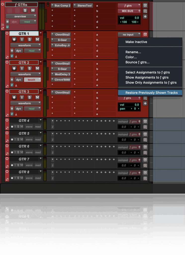 Pro Tools Restore Previously Shown Tracks command after bus interrogation