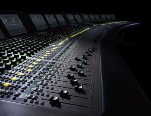 Euphonix System 5 digital audio mixing console with rows of faders and control displays.
