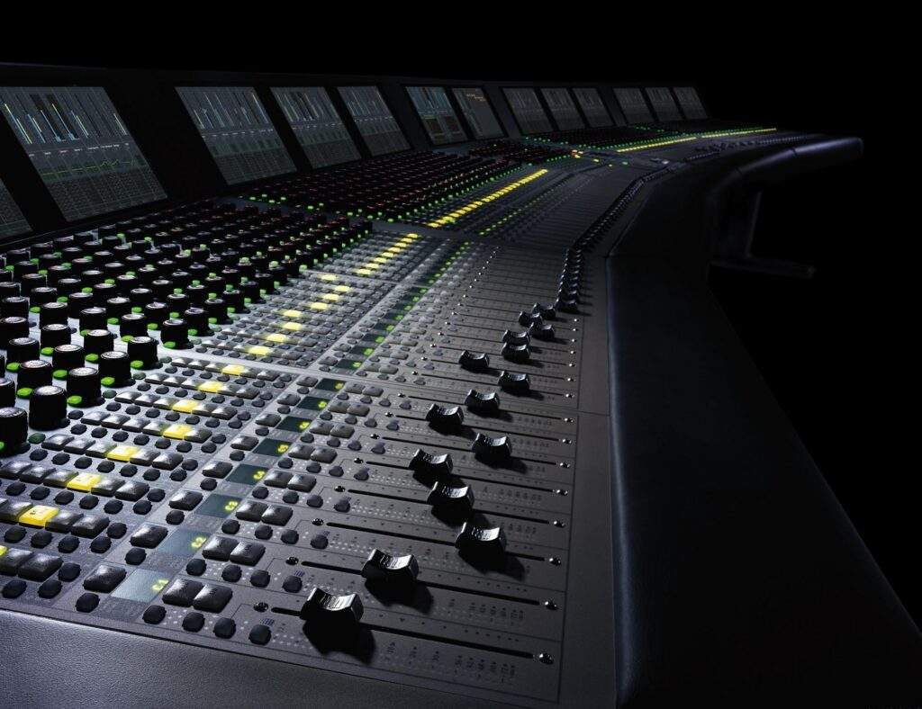 Euphonix System 5 digital audio mixing console with rows of faders and control displays.