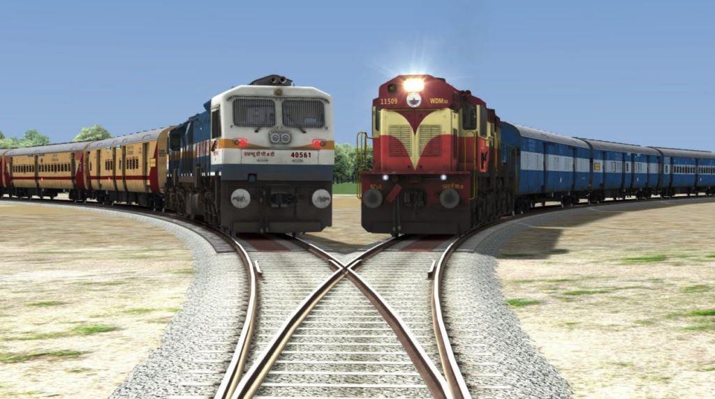 Two trains crossing on intersecting tracks, illustrating a network conflict when two networks use the same subnet.
